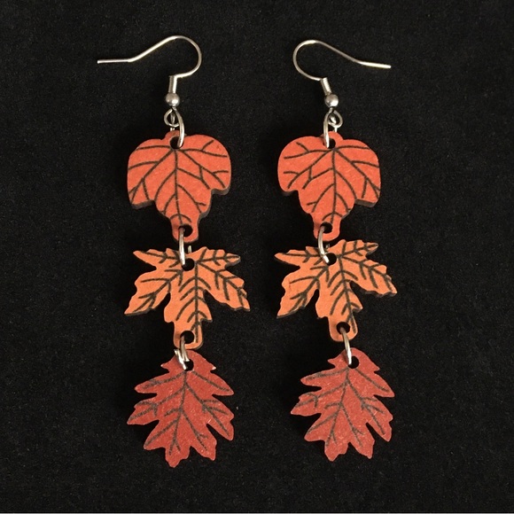 Autumn Theme Wooden Leaf Dangle Earrings - Picture 1 of 6